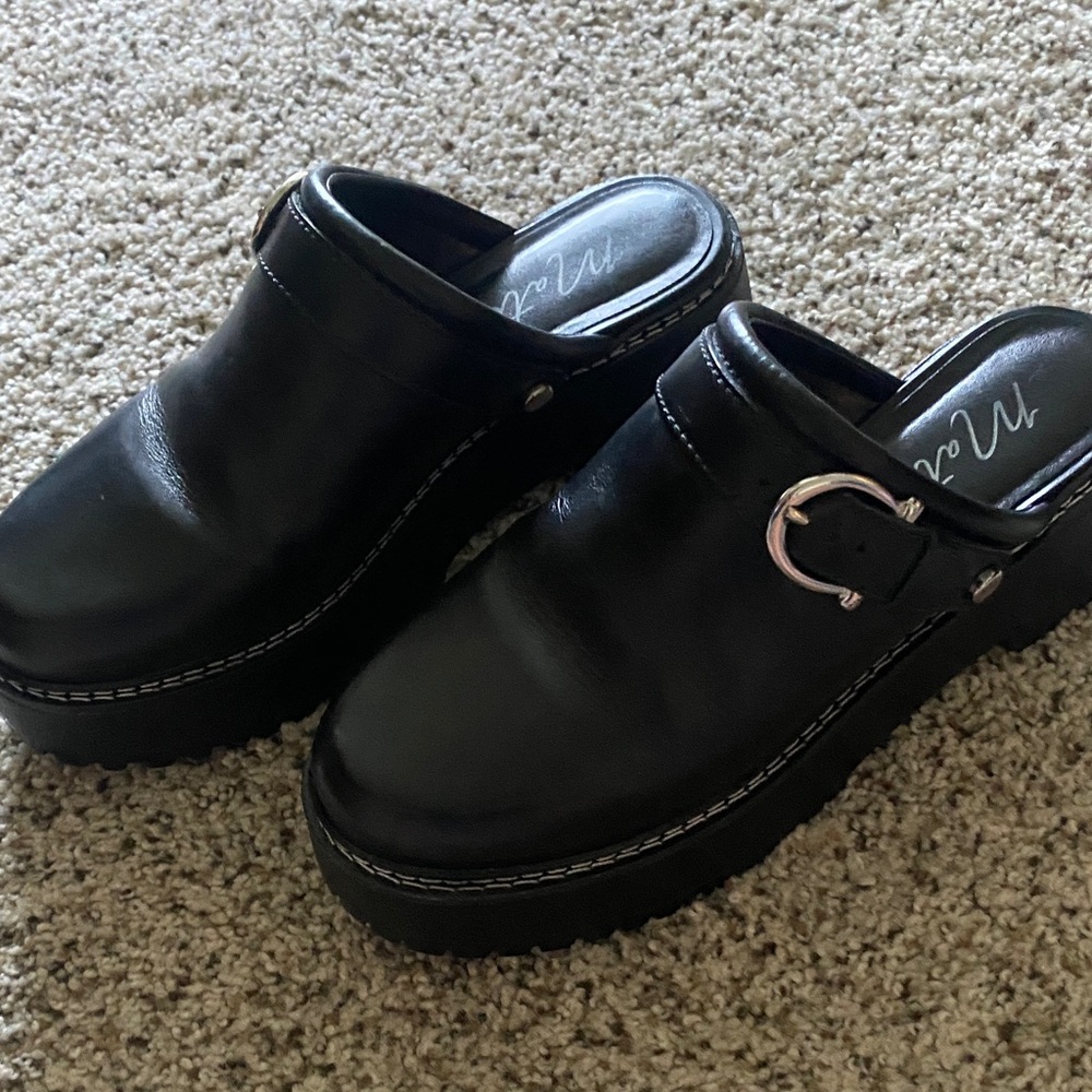 Matisse Black Platform Clog Mules with Silver Buckle Accent